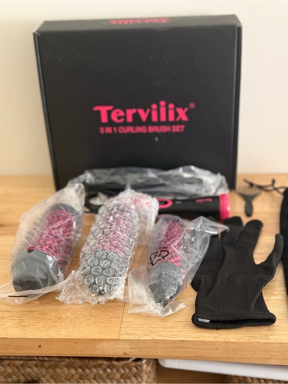 Terviilx 3-in-1 Hair Curling Brush Set — Pink & Black